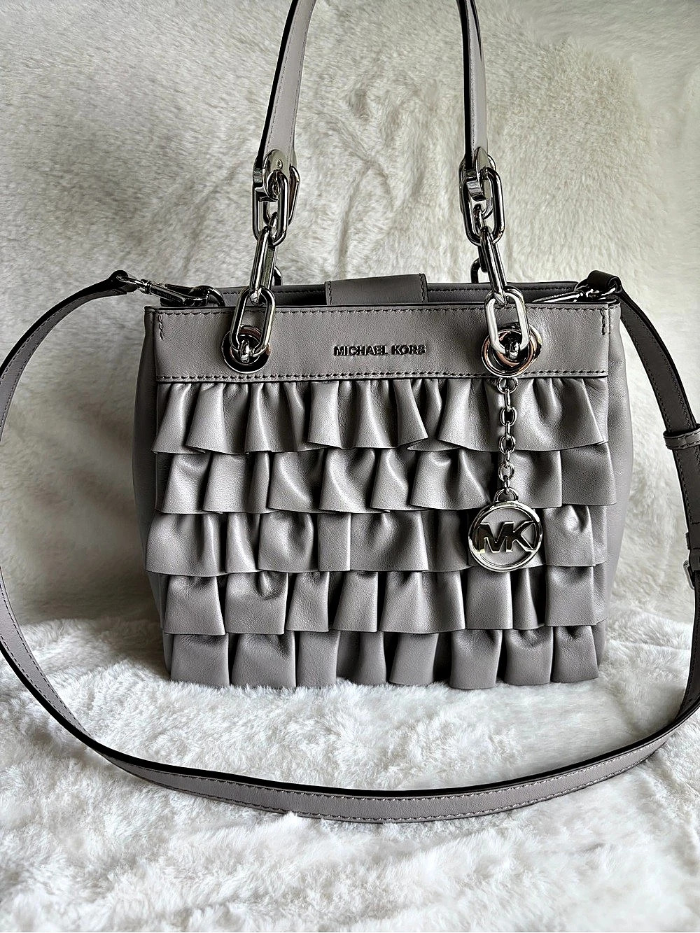 Michael Kors Cynthia Small Ruffled Satchel Gray Silver-Tone Hardwar - Picture 5 of 16
